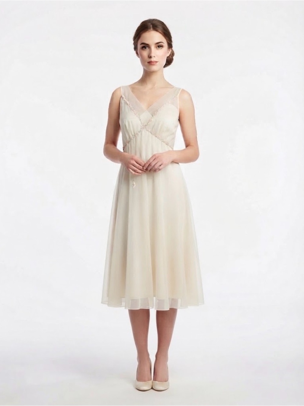 Vintage Kayser Cream Nylon Chiffon Babydoll Slip Dress Floral Embroidery Size 34